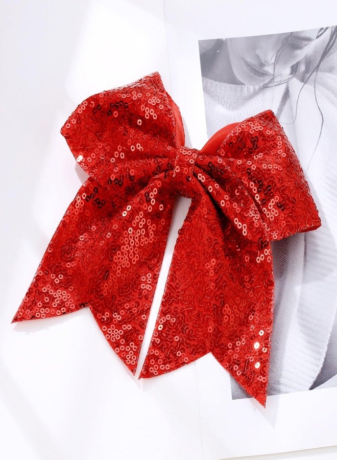 ZOLYCO Large Glitter Cheer Bows Clips, Jumbo Big 7 Inch Cheerleading Sequin Hair Bow Hair Accessories for Teens Girls Football Sports Cheerleader Outfit Uniform (Red) - Image 4